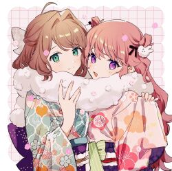  2girls ahoge aono_nachi arm_around_neck black_bow bob_cut bow brown_hair closed_mouth floral_print floral_print_kimono green_eyes green_kimono grid_background hair_bow hair_intakes hair_ornament hand_on_another&#039;s_shoulder hand_up highres japanese_clothes kagari_mimi kimi_ga_shinu_made_koi_wo_shitai kimono light_blush light_smile long_hair long_sleeves looking_at_viewer multiple_girls new_year obi official_art orange_hair pink_eyes pink_kimono print_kimono purple_sash rabbit_hair_ornament sash scarf shared_clothes shared_scarf short_hair sidelocks smile totsuki_shiina two_side_up upper_body variant_set very_long_hair white_bow white_scarf wide_sleeves yuri 