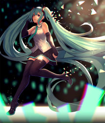  1girl aqua_eyes aqua_hair aqua_necktie bad_id bad_pixiv_id bare_shoulders black_skirt black_thighhighs blurry blush breasts closed_mouth depth_of_field detached_sleeves female_focus full_body hatsune_miku headphones long_hair looking_at_viewer medium_breasts necktie shiodango shirt skirt sleeveless sleeveless_shirt smile solo thighhighs twintails very_long_hair vocaloid white_skirt 
