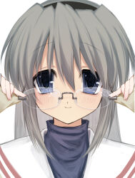  1girl absurdres adjusting_eyewear black_hairband blue_eyes clannad closed_mouth glasses grey_hair hair_between_eyes hairband highres hikarizaka_private_high_school_uniform light_smile long_hair looking_at_viewer nemu_(zutto_oyasu3) sailor_collar sakagami_tomoyo school_uniform serafuku solo straight_hair turtleneck upper_body 