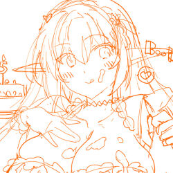  1girl apron birthday_cake braid breasts cake choker cleavage crossed_bangs crown_braid elf food heart icing_on_body icing_on_face large_breasts licking_lips light_blush long_hair ninoko original pointy_ears sketch sylpha_(ninoko) tongue tongue_out 