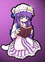  1girl blue_bow book bow crescent crescent_hat_ornament crescent_pin dress harapekobijin hat hat_ornament holding holding_book long_hair looking_at_object mob_cap patchouli_knowledge purple_background purple_eyes purple_hair reading sitting socks solo striped_clothes striped_dress touhou two-tone_dress wariza white_socks 