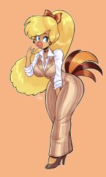  1girl absurdres bird_girl bird_tail blonde_hair blue_eyes breasts choker curvy earrings female_focus full_body goldie_pheasant high_heels highres jamoart jewelry large_breasts long_hair ponytail rock-a-doodle secretary simple_background solo tail thick_thighs thighs wide_hips  rating:Sensitive score:0 user:catonfire26