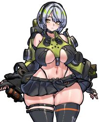  1girl absurdres anby_demara backpack bag bare_shoulders belt black_choker black_gloves black_jacket black_panties black_skirt black_thighhighs braid breasts choker close-up closed_mouth collarbone crop_top crop_top_overhang cropped detached_sleeves fingerless_gloves full_body gloves green_jacket grey_hair headphones highleg highleg_panties highres holding holding_sword holding_weapon jacket large_breasts long_sleeves looking_to_the_side midriff miniskirt mold_(pixiv6616319) multicolored_jacket navel orange_eyes panties pleated_skirt revealing_clothes short_hair side_braid simple_background skindentation skirt solo standing sword thick_thighs thigh_strap thighhighs thighs two-tone_jacket underwear weapon white_background zenless_zone_zero 