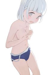  1girl blue_one-piece_swimsuit clothes_pull covering_breasts covering_privates grey_eyes highres hiroki_(yyqw7151) looking_at_viewer one-piece_swimsuit one-piece_swimsuit_pull open_mouth original solo swimsuit white_hair 