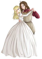  1boy 1girl absurdres belt blonde_hair blue_eyes brown_hair brown_shirt commission commissioner_upload couple dancing dress earrings elf formal_clothes gloves hetero highres holding_hands jewelry long_hair lotte_farona medieval official_art pointy_ears polyaaaa red_shirt shirt smile stephanus_tavilrond transparent_background ways_of_darkness_(series) white_dress white_gloves 
