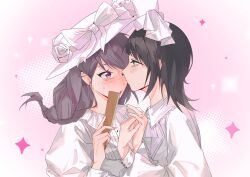  2girls bang_dream! bang_dream!_it&#039;s_mygo!!!!! black_hair blush bow braid brown_hair collared_shirt commentary dress hat hat_bow highres holding_hands interlocked_fingers kiss kissing_cheek long_hair long_sleeves multiple_girls one_eye_closed parted_lips pink_background purple_eyes rrrrremonj shiina_taki shirt single_braid sparkle sweatdrop symbol-only_commentary white_bow white_dress white_hat white_shirt yahata_umiri yuri 