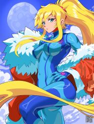  1girl 604yue blonde_hair blue_bodysuit blue_eyes bodysuit breasts closed_mouth coat fur-trimmed_jacket fur_trim highres impossible_bodysuit impossible_clothes jacket large_breasts long_hair looking_at_viewer metroid nintendo ponytail red_coat samus_aran skin_tight solo zero_suit 