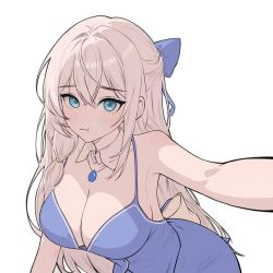  1girl :t absurdres armpits bare_arms bare_shoulders blue_eyes blue_shirt blue_skirt bow breasts brooch cleavage closed_mouth commission detached_collar erikon_(eruge) hair_bow half_updo highres jewelry large_breasts leaning_forward long_hair looking_at_viewer original outstretched_arm pochigo pout shirt skirt sleeveless sleeveless_shirt solo spaghetti_strap standing upper_body very_long_hair white_hair 