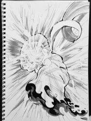  1boy baby belt black_belt cyborg cyborg_009 dynamic_pose floating flying full_body hair_over_face hands_on_own_face ivan_whisky levitation male_focus pacifier scarf shining short_hair sketch soldier webisu_(ebis1006) white_scarf 