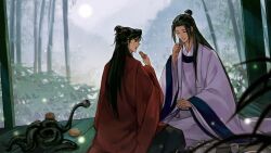  111218422 2boys absurdres bamboo bamboo_forest black_eyes black_hair black_pants blurry chinese_clothes chinese_commentary closed_eyes coat creature cup dao_gui_yi_xian depth_of_field eating eyeball facing_another fireflies food forest full_moon hair_bun half_updo hand_up hanfu highres holding holding_cup holding_food leaf li_huowang li_sui_(tentacles) light_particles long_hair long_sleeves looking_at_another male_focus mid-autumn_festival moon mooncake mountain multiple_boys nature night open_clothes open_coat open_mouth outdoors pants plant profile red_coat robe sidelocks single_hair_bun sitting smile sweatdrop teacup teapot tentacles tray veranda very_long_hair white_coat white_hanfu wide_sleeves yaoi zhuge_yuan 