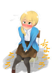  1girl afks_(afukose) belt between_legs black_pantyhose blonde_hair blue_jacket blush brown_shoes brown_skirt chair closed_mouth ellen_baker embarrassed female_focus flat_chest flying_sweatdrops green_eyes hand_between_legs have_to_pee highres jacket japanese_text long_hair long_sleeves miniskirt new_horizon nose_blush own_hands_together pantyhose peeing peeing_self pencil_skirt puddle scrunchie shirt shoes simple_background sitting skirt smile solo tears translation_request trembling v_arms wet wet_clothes white_background white_shirt 