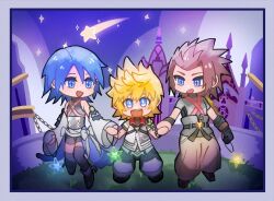  +_+ 1girl 2boys aqua_(kingdom_hearts) arm_armor armor asymmetrical_armor bike_shorts bike_shorts_under_skirt black_gloves blonde_hair blue_border blue_cape blue_eyes blue_hair blue_shirt blush border bright_pupils brown_hair brown_hakama cape charm_(object) checkered_clothes chibi chibi_only commentary detached_sleeves fingerless_gloves full_body gloves glowing grass grey_shirt hair_intakes hair_slicked_back hakama hakama_pants highres holding holding_charm holding_hands jacket japanese_clothes jumping kingdom_hearts kingdom_hearts_birth_by_sleep looking_at_another looking_at_viewer medium_hair multicolored_jacket multiple_boys night night_sky on_grass open_clothes open_jacket open_mouth outdoors pants puffy_pants shirt shoes shooting_star short_sleeves shoulder_strap sky sleeveless sleeveless_shirt smile spiked_hair squidkid528 star_(symbol) symbol-only_commentary teeth terra_(kingdom_hearts) upper_teeth_only ventus_(kingdom_hearts) waist_cape wide_sleeves wristband 