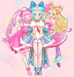  3girls :d ahoge aozora_himari aqua_eyes aqua_hair blonde_hair bow bow-shaped_hair circle_skirt coattails crossover cure_idol detached_sleeves dress gloves hair_bow hair_ornament hand_on_another&#039;s_shoulder heart heart_hair_ornament highres himitsu_no_aipri holding holding_wand kimi_to_idol_precure locked_arms long_hair magical_girl mario_(198609044) midriff multicolored_hair multiple_girls musical_staff navel open_mouth pink_background pink_dress pink_hair pink_skirt precure pretty_series princess_ripple princession_orchestra puffy_short_sleeves puffy_sleeves sakura_uta_(precure) season_connection shoes short_bangs short_sleeves skirt sleeveless sleeveless_dress smile sorano_minamo two-tone_hair two_side_up wand white_gloves wrist_cuffs 