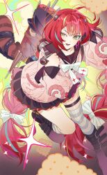  1girl :d absurdres ahoge animal_on_back biscuit_(bread) black_boots black_choker black_sailor_collar boots bow bowtie braid cardigan chest_bow choker green_eyes highres kama_(zenless_zone_zero) long_hair loose_thighhigh multicolored_hair open_mouth pd_honey pink_cardigan raccoon red_hair red_umbrella sailor_collar skirt smile solo sparkle sphere_hair_ornament streaked_hair striped_clothes striped_thighhighs thigh_strap thighhighs twin_braids ukinami_yuzuha umbrella very_long_hair white_bow white_bowtie zenless_zone_zero 