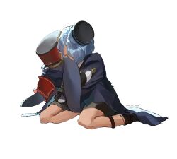  1boy 1other animal_ears artist_name back black_boots black_fur black_hat black_shorts blue_hair blue_jacket boots coat commentary creature english_commentary full_moon hair_over_one_eye hat highres honkai:_star_rail honkai_(series) hug jacket long_sleeves misha_(honkai:_star_rail) moon oh_my_julai pom-pom_(honkai:_star_rail) rabbit_ears red_coat red_hat short_hair shorts simple_background sitting white_background 