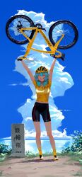1girl ^_^ absurdres arms_up bicycle bicycle_helmet bike_shorts blue_hair blue_sky breasts closed_eyes cloud facing_viewer grin helmet highres long_hair medium_breasts midriff midriff_peek navel ocean original outdoors sky small_breasts smile socks solo some1else45 sweat yellow_socks rating:Sensitive score:26 user:danbooru