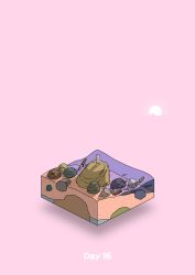 beach commentary_request diorama fish from_behind gozz highres isometric log original pink_background rock shadow standing water rating:General score:0 user:danbooru