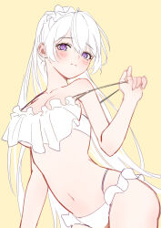  1girl absurdres arched_back bikini blush commentary cowboy_shot frilled_bikini frills hashtag-only_commentary highres honkai_(series) honkai_impact_3rd kiana_kaslana kiana_kaslana_(herrscher_of_finality) kuqfh long_hair midriff navel ponytail purple_eyes simple_background solo strap_pull swimsuit very_long_hair white_bikini yellow_background 