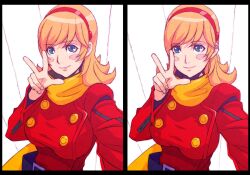  1girl belt blonde_hair blue_eyes blush_stickers breasts closed_mouth coat cyborg_009 francoise_arnoul hairband highres kotobuki_tsukasa long_hair looking_at_viewer red_coat red_hairband scarf smile solo v yellow_scarf 