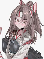  1girl aogisa blush bow_(weapon) brown_eyes brown_hair closed_mouth commentary grey_background hachimaki hair_between_eyes hair_ribbon headband highres holding holding_bow_(weapon) holding_weapon japanese_clothes kantai_collection kimono long_hair looking_at_viewer muneate ribbon simple_background solo upper_body weapon white_background zuihou_(kancolle) 