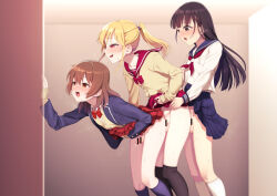  3boys anal anonymous_crossdresser bar_censor black_eyes black_hair blazer blonde_hair blue_jacket bow bowtie boy_sandwich brown_eyes brown_hair censored clothed_sex clothes_lift commission crossdressing erection group_sex hokuro_ryuuseigun jacket long_hair long_sleeves love_train lucky_pierre male_focus male_penetrated miniskirt mmm_threesome multiple_boys neckerchief original penis pixiv_commission pleated_skirt ponytail red_bow red_bowtie red_eyes red_neckerchief sandwiched school_uniform serafuku sex shirt skirt skirt_lift threesome trap trap_on_trap white_shirt yaoi yellow_shirt 