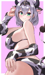  1girl absurdres alternate_costume animal_ear_piercing animal_ears animal_print ass bikini blush border breasts commentary_request cow_ears cow_girl cow_horns cow_print cow_print_bikini cow_print_sleeves cow_tail crossed_bangs detached_sleeves extra_ears fingernails green_eyes grey_hair hand_up headpiece highres hololive horns kemonomimi_mode large_breasts light_smile looking_at_viewer medium_hair ooike_teru outside_border print_bikini purple_background shirogane_noel sideboob sleeves_past_wrists solo swimsuit tail twisted_torso virtual_youtuber white_border 