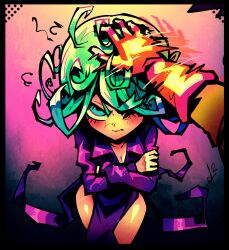  1boy 1girl absurdres afterimage alpharecdyt black_dress breasts cleavage commentary crossed_arms dress english_commentary gloves green_eyes green_hair headpat highres motion_lines one-punch_man one_eye_closed pout pov pov_hands red_gloves saitama_(one-punch_man) small_breasts squiggle tatsumaki  rating:Sensitive score:12 user:danbooru