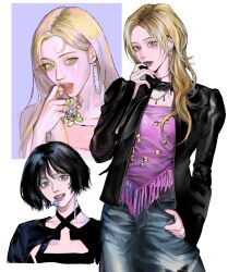  1girl :d aegyo_sal aespa black_choker black_hair black_jacket blonde_hair blue_eyes blue_pants brown_hair chain chain_necklace chinese_commentary choker commentary_request criss-cross_halter denim earrings forehead fringe_trim green_eyes halterneck hand_up head_tilt headset highres huangyou_lanwen_buding jacket jeans jewelry k-pop lips long_hair looking_at_viewer multicolored_hair multiple_earrings multiple_views necklace open_clothes open_jacket open_mouth orange_eyes pants parted_bangs purple_background purple_shirt real_life realistic roots_(hair) shirt short_hair simple_background single_earring sleeve_zipper smile studded teeth tongue two-tone_background white_background winter_(aespa) zipper zipper_pull_tab 