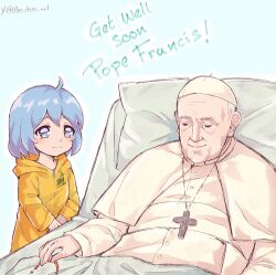  1boy 1girl ahoge an_dres_art bed blue_background blue_eyes blue_hair capelet closed_eyes closed_mouth commentary cross cross_necklace english_commentary english_text hat highres holding_rosary hood hood_down hospital_bed indoors jewelry jubilee_2025 light_blush light_frown long_sleeves looking_at_another luce_(jubilee_2025) medium_hair necklace old old_man pope_francis raincoat real_life robe rosary short_hair simple_background smile split_mouth straight_hair symbol-shaped_pupils twitter_username upper_body white_capelet white_hair white_hat white_robe yellow_raincoat zucchetto 