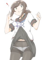  1girl akara_kai alternate_legwear black_hair black_pantyhose black_sailor_collar black_skirt clothes_lift cowboy_shot fubuki_(kancolle) fubuki_kai_ni_(kancolle) highres kantai_collection loli looking_at_viewer low_ponytail neckerchief open_mouth panties panties_under_pantyhose pantyhose pleated_skirt ponytail sailor_collar school_uniform serafuku short_hair short_ponytail short_sleeves sidelocks skirt skirt_lift smile sweatdrop underwear white_background white_panties 