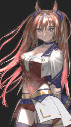  1girl animal_ears arms_behind_back black_background breasts brown_hair choker cleavage commentary_request curry_soba daiwa_scarlet_(umamusume) garter_straps hair_between_eyes hand_on_own_arm highres horse_ears horse_girl jacket large_breasts long_hair long_sleeves looking_at_viewer multicolored_hair parted_lips red_eyes red_hair solo starting_future_(umamusume) thighhighs tiara twintails umamusume very_long_hair 