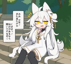  1girl ahoge alternate_costume animal_ears bags_under_eyes bell black_shirt black_thighhighs brown_ribbon commentary_request deformed dorodra_(kisaragi_kaya) dress feet_out_of_frame flipped_hair fox_mask hair_between_eyes hair_flaps hand_on_own_chin hand_up jingle_bell jitome kisaragi_kaya long_hair looking_at_viewer mask mask_on_head neck_ribbon notice_lines on_stairs original outdoors over-kneehighs ribbon sailor_collar shirt sitting sitting_on_stairs sleeves_past_wrists slit_pupils solo stairs stone_stairs tassel thighhighs translation_request tree very_long_hair white_dress white_hair white_sailor_collar yellow_eyes 
