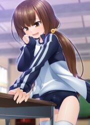  1boy aogiri_penta blue_buruma blurry blurry_background blush brown_eyes brown_hair bulge buruma chalkboard crossdressing crossdressing_(mtf) crotch_rub desk drooling gym_uniform hair_bobbles hair_ornament highres jacket long_hair long_sleeves low_twintails male_masturbation masturbation multicolored_jacket open_clothes open_jacket open_mouth original precum school_desk shirt sidelocks thighhighs trap twintails white_shirt white_thighhighs window  rating:Explicit score:129 user:EiyuuDo