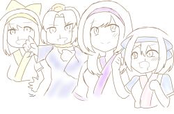 4girls ainu_clothes blood breasts clenched_hands dual_persona female_pervert gaijin_4koma_(meme) hair_ribbon hat highres large_breasts long_hair monochrome multiple_girls murasaki_nakoruru nakoruru nosebleed open_mouth pervert pointing rera ribbon rimururu samurai_spirits short_hair siblings sisters sketch smile snk tongue