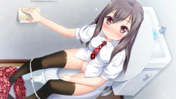 1girl ano_ko_wa_ore_kara_hanarenai black_thighhighs blush bow bow_panties breasts brown_eyes brown_hair censored dress_shirt embarrassed female_focus from_above game_cg legs long_hair long_image looking_at_viewer looking_up mosaic_censoring necktie panties panty_pull plaid_clothes plaid_skirt sakurai_yuzuki school_uniform shirt sitting skirt smile solo sweatdrop thighhighs tissue toilet toilet_paper toilet_use underwear unworn_skirt usume_shirou white_panties wide_image rating:Explicit score:33 user:vincaddo