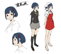  1girl apron arms_behind_back black_sailor_collar black_shirt blue_hair braid brown_eyes crown_braid dress full_body grey_skirt lips long_sleeves lowres miniskirt nakamura_aika neckerchief official_art parted_lips persona persona_4 persona_4_the_animation pink_lips pleated_skirt red_apron sailor_collar school_uniform shirt short_hair short_sleeves skirt soejima_shigenori third-party_source white_dress yasogami_school_uniform yellow_neckerchief 