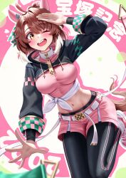  1girl absurdres ahoge animal_ears belt black_hoodie black_leggings blush brown_eyes brown_hair commentary cropped_hoodie dantsu_flame_(umamusume) highres hood hoodie horse_ears horse_girl horse_tail leggings long_sleeves manjo_(warito) midriff multicolored_hair navel one_eye_closed pink_shirt pink_shorts shirt short_hair short_shorts shorts smile solo streaked_hair tail teeth translation_request umamusume upper_teeth_only white_belt white_hair 