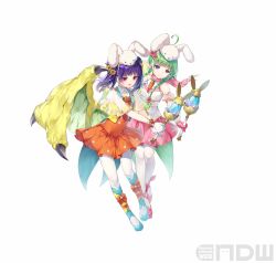2girls absurdres alternate_costume animal_ears animal_hat ankle_lace-up blue_footwear blue_legwear blunt_bangs bow bow_legwear braid capelet carrot_necklace coattails collarbone cross-laced_clothes cross-laced_legwear dragon_girl dragon_wings dragonstone dress fake_animal_ears fighting_stance fire_emblem fire_emblem:_the_sacred_stones fire_emblem_awakening fire_emblem_heroes flat_chest floral_print flower gloves green_hair green_wings hair_flower hair_ornament hair_tie hat high-waist_skirt high_heels highres holding holding_wand jewelry lapels long_hair magical_girl miniskirt miwabe_sakura multi-tied_hair multicolored_legwear multiple_girls myrrh_(fire_emblem) nah_(fire_emblem) necklace nintendo official_alternate_costume official_art orange_bow orange_dress pale_skin pantyhose pink_scarf pink_skirt pointy_ears polka_dot purple_eyes purple_hair rabbit_ears rabbit_hat red_eyes ribbon scarf see-through_clothes short_dress skirt sleeveless sunflower twin_braids twintails vest wand white_gloves white_pantyhose wings yellow_vest yellow_wings rating:General score:5 user:PokaraNoOobabasama