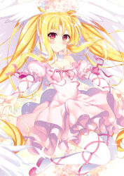  1girl alternate_costume angel_wings ankle_lace-up bare_shoulders blonde_hair blush breasts cosplay detached_collar dress fate_testarossa head_wings hoshina_utau long_hair look-alike lyrical_nanoha mahou_shoujo_lyrical_nanoha mizuki_nana pink_dress pink_shoes puffy_short_sleeves puffy_sleeves raiou red_eyes ribbon ribbon-trimmed_clothes ribbon_trim seraphic_charm seraphic_charm_(cosplay) shoes short_sleeves shugo_chara! small_breasts smile solo sparkle thighhighs trait_connection twintails very_long_hair voice_actor_connection white_thighhighs wings 