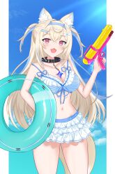  1girl animal_ear_fluff animal_ears arlonn arm_up armpits bandaid bandaid_hair_ornament bikini black_choker blonde_hair blue_bikini blue_nails blue_sky blush breasts choker cleavage cloud collarbone dog_ears dog_girl dog_tail eyewear_on_head feet_out_of_frame frilled_bikini frills front-tie_bikini_top front-tie_top fuwawa_abyssgard hair_between_eyes hair_ornament hairclip highres holding holding_water_gun hololive hololive_english large_breasts long_hair looking_at_viewer navel open_mouth parallel_hairclips pink_eyes sky smile solo stomach striped_bikini striped_clothes swim_ring swimsuit tail thighs virtual_youtuber water_gun 