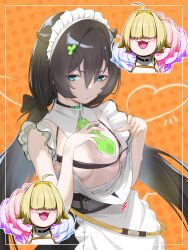  2girls ahoge apron ascot black_hair blonde_hair breasts chest_harness detached_collar elegg_(nikke) fune_(fune83ojj) goddess_of_victory:_nikke green_ascot green_eyes hair_over_eyes harness highres horn-shaped_hair long_hair low_twintails maid maid_apron maid_headdress multiple_girls official_alternate_costume oversized_clothes short_hair small_breasts trony_(nikke) trony_(sweet_step)_(nikke) twintails very_long_hair 