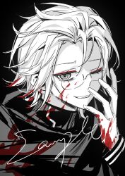  1boy aotsuki_eito blood blood_in_hair blood_on_clothes blood_on_face cloak commission evil_grin evil_smile eyeliner glasses gloves greyscale grin hand_up highres kaochuanyi9060 last_defense_academy_school_uniform looking_at_viewer makeup male_focus monochrome official_alternate_hairstyle one_eye_closed red_eyeliner sample_watermark school_uniform short_hair simple_background skeb_commission smile solo spoilers spot_color the_hundred_line_-last_defense_academy- watermark 