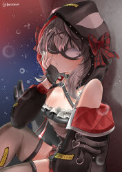  1girl animal_hood belt_collar black_collar black_gloves black_hair black_hood black_jacket black_mask black_thighhighs breasts camisole closed_mouth collar eye_mask fingerless_gloves gloves grey_hair hair_ornament highres hololive hood jacket large_breasts looking_at_viewer medium_hair multicolored_hair orca_hood rokusketch sakamata_chloe sakamata_chloe_(1st_costume) solo streaked_hair thighhighs virtual_youtuber white_camisole x_hair_ornament 
