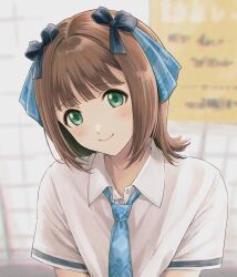  1girl amami_haruka blue_necktie blue_ribbon blunt_bangs blurry blurry_background brown_hair commentary dress_shirt eyelashes flipped_hair green_eyes hair_intakes hair_ribbon highres idolmaster idolmaster_(classic) idolmaster_million_live! idolmaster_million_live!_theater_days light_blush looking_at_viewer medium_hair necktie nogoodlife ribbon rough_time_school_(idolmaster) shirt sidelocks smile solo tile_wall tiles upper_body white_shirt wing_collar 