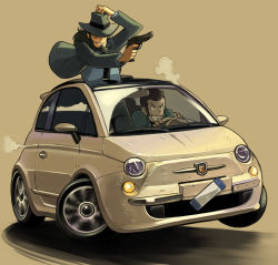  2boys arsene_lupin_iii beard black_jacket black_necktie bowieknife car driving facial_hair fedora fiat fiat_500 green_jacket gun handgun hat jacket jigen_daisuke lupin_iii male_focus motor_vehicle multiple_boys necktie revolver sideburns tms_entertainment vehicle_focus weapon  rating:Sensitive score:12 user:danbooru