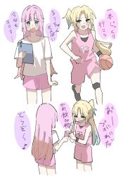  2girls =_= alternate_costume anyoji_hime anyoji_hime_(summer_loungewear) awestruck ball bare_shoulders basketball basketball_(object) basketball_uniform black_shoes blonde_hair blue_eyes blue_hair clipboard closed_eyes colored_speech_bubble commentary curtained_hair dribbling_(basketball) drink fang gradient_hair hair_intakes holding holding_clipboard holding_drink link!_like!_love_live! long_hair love_live! multicolored_hair multiple_girls multiple_views official_alternate_costume open_mouth osawa_rurino parted_bangs pink_hair pink_shorts pink_tank_top ponytail s_(y7555128265305) shirt shoes short_hair short_sleeves shorts simple_background skin_fang speech_bubble sportswear standing t-shirt tank_top translation_request virtual_youtuber white_background white_shirt 