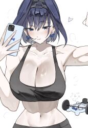  1girl abs absurdres alternate_costume barbell bare_shoulders black_pants black_sports_bra blue_eyes blue_hair blush bow bow_earrings breasts chain chain_headband cleavage clock collarbone earrings ewn exercising hair_intakes hat highres hololive hololive_english jewelry kronie_(ouro_kronii) large_breasts looking_at_viewer mascot midriff multicolored_hair navel ouro_kronii pants ribbon_earrings short_hair simple_background smile sports_bra stomach sweat toned toned_female top_hat virtual_youtuber weightlifting white_background workout_clothes yoga_pants 