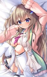  1girl 9-nine- arm_up bed_sheet belt blue_eyes blush bow bowtie breasts brown_hair cardigan closed_mouth commentary cowlick dress eyes_visible_through_hair foot_out_of_frame frown gear_hair_ornament grey_belt hair_between_eyes hair_spread_out hand_up highres knees_together_feet_apart knees_up kujou_miyako large_breasts long_hair looking_at_viewer lying no_bra no_shoes on_back open_cardigan open_clothes open_dress panties pink_bow pink_bowtie pink_cardigan pink_panties pleated_dress school_uniform short_dress sidelighting sidelocks sleeves_past_wrists solo star_(symbol) star_print tatika714 thighhighs thighhighs_pull underwear v very_long_hair white_dress white_thighhighs 
