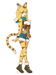  +++ 1girl :3 animal_ear_fluff animal_ears animal_nose arms_behind_back bandana bare_shoulders blonde_hair blue_shorts blush body_fur breasts brown_fur brown_hair cross-laced_footwear crotchless_clothes crotchless_shorts fang female_focus from_side full_body fur-trimmed_shoes fur_trim furry furry_female green_bandana green_eyes green_leotard green_shoes happy highres hip_vent jeifier_(korfiorano01) legs leotard leotard_under_clothes long_hair looking_back mia_(world_flipper) multicolored_fur multicolored_hair open_mouth own_hands_together pouch shirt shoes short_shorts shorts sidelocks simple_background skin_fang sleeveless sleeveless_shirt small_breasts smile solo standing striped_fur striped_tail tail thighs tiger_ears tiger_girl tiger_tail tiptoes white_background white_fur white_hair white_shirt world_flipper wristband yellow_fur 