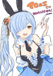  1girl :d animal_ears bare_shoulders black_hairband black_leotard black_necktie blue_hair blue_skirt blush breasts center_frills collar commentary_request detached_collar detached_sleeves don-chan_(usada_pekora) fake_animal_ears frills hair_over_one_eye hairband heart heart-shaped_eyes highres hololive kiritoma leotard long_hair necktie open_mouth orange_eyes pleated_skirt puffy_short_sleeves puffy_sleeves rabbit-shaped_pupils short_eyebrows short_sleeves side_ponytail simple_background skirt small_breasts smile solo symbol-shaped_pupils teeth thick_eyebrows translation_request upper_teeth_only usada_pekora usada_pekora_(furi_furi_bunny_dress) very_long_hair virtual_youtuber white_background white_collar white_sleeves wing_collar wrist_cuffs 